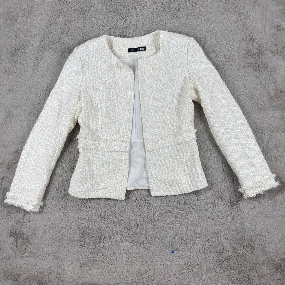 Mangano Tweed Jacket Frayed Edges Open Front Blazer Off White XS Made in Italy